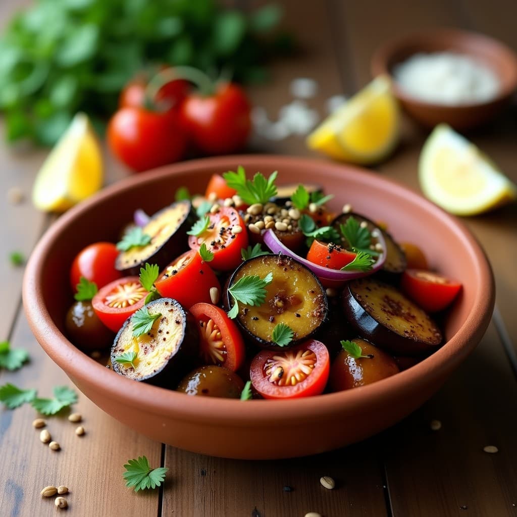 Ensalada moruna en bol de barro con berenjena ahumada, tomate, cebolla morada y zaatar espolvoreado, lista para servir.