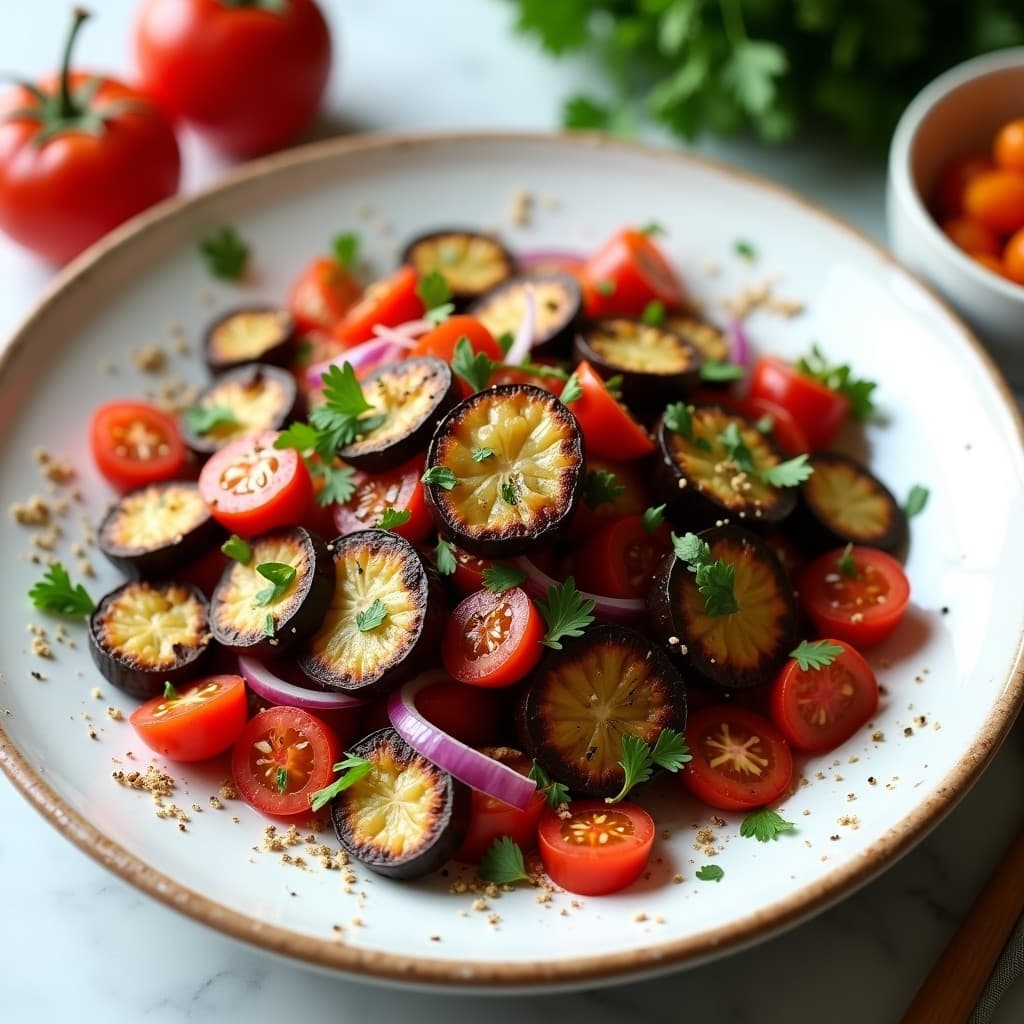 Plato blanco rústico con ensalada moruna de berenjena al zaatar al horno, rodajas doradas de berenjena, tomate y cebolla morada, decorado con perejil fresco y un toque de zaatar espolvoreado.