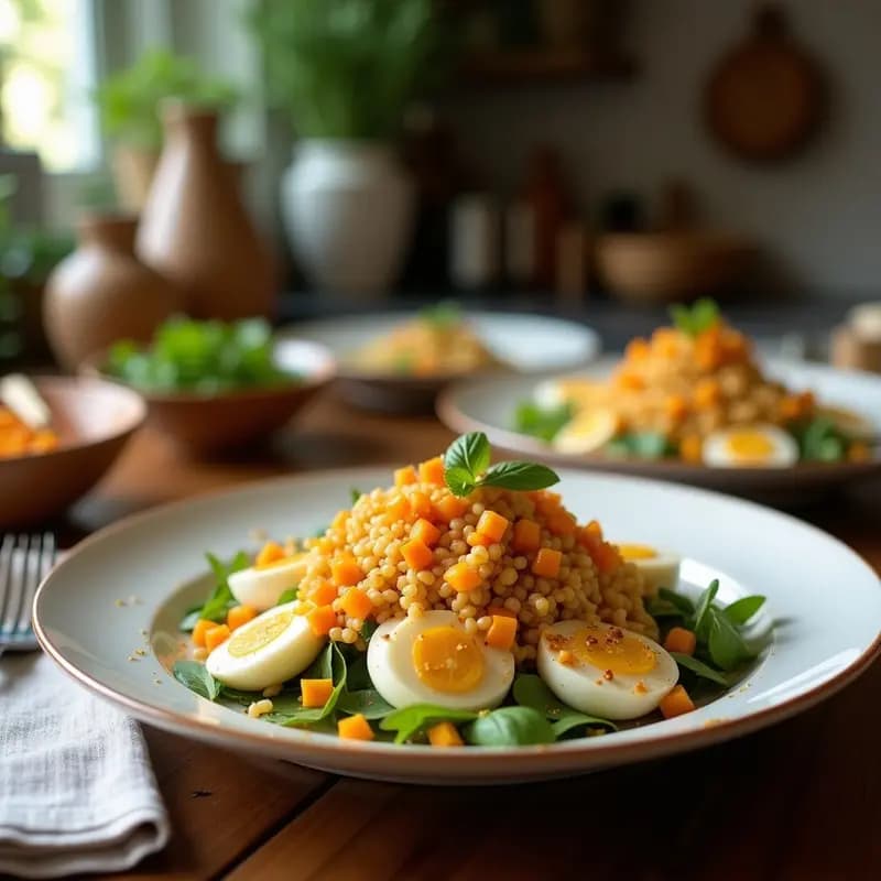 Ensalada moruna servida en plato blanco de cerámica, con granos de granada rojos, gajos de naranja sanguina, cebolla morada y almendras fileteadas tostadas, decorada con perejil fresco.