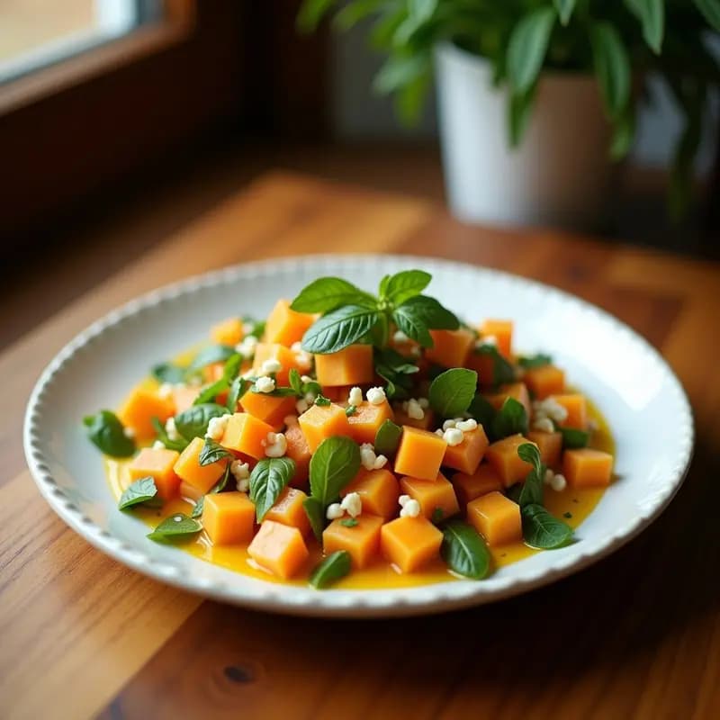 Ensalada moruna colorida en un plato blanco de cerámica, con remolacha en cubos, gajos de naranja sanguina, cebolla morada en juliana, almendras fileteadas doradas y hojas de menta fresca, bañada en una vinagreta dorada de azafrán.