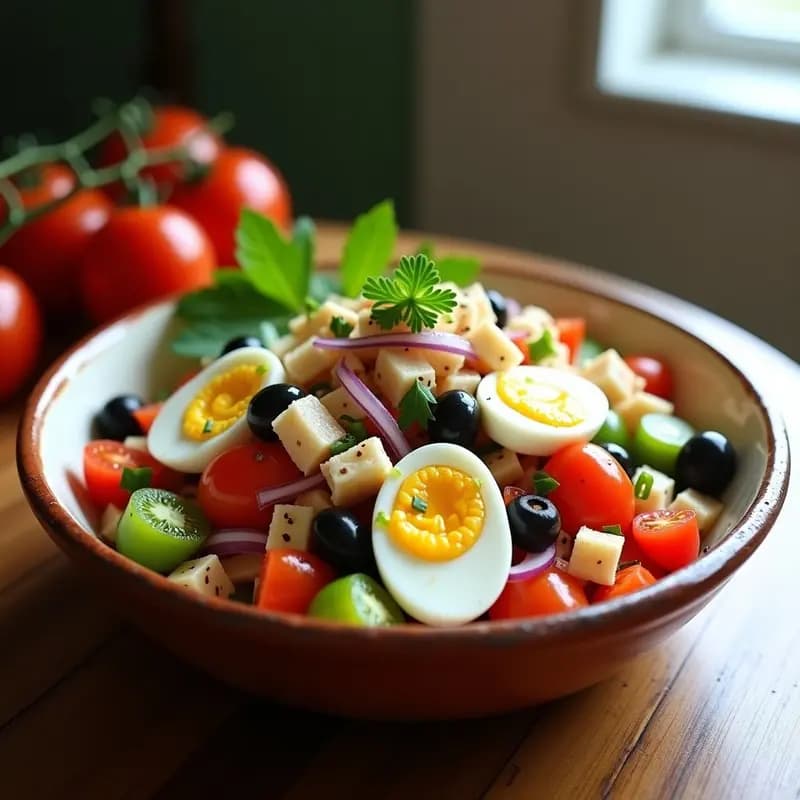 Ensalada Murciana con bacalao desalado y huevo duro servida en un plato hondo de barro, con tomates rojos, cebolla morada, pimientos verdes, aceitunas negras y huevos en cuartos, aliñada con aceite de oliva y decorada con perejil fresco.