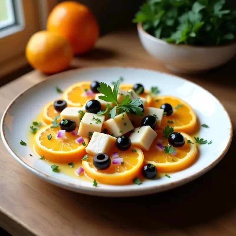 Ensalada fresca de invierno con rodajas de naranja dulce, tacos de bacalao desalado, aceitunas negras y cebolla morada, aliñada con vinagreta de miel y perejil. Plato blanco rústico sobre fondo de madera.