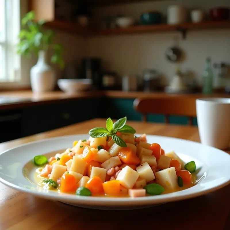 Ensalada murciana tradicional en plato blanco con rodajas de naranja dulce, trozos de bacalao desalado, aceitunas negras y cebolla morada. Decorada con perejil fresco y bañada en vinagreta de aceite de oliva y pimentón. Fondos de madera rústica y luz natural.