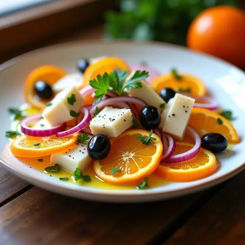 Ensalada fresca de rodajas de naranja valencia late, trozos de bacalao desalado, cebolla morada en juliana y aceitunas negras, aliñada con aceite de oliva y perejil. Plato colorido y lleno de vitamina C sobre un fondo rústico de madera.