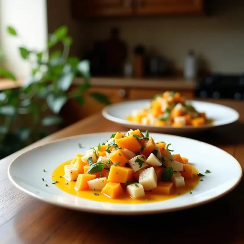 Ensalada fría de invierno con rodajas de naranja sanguina, trozos de bacalao desalado, aceitunas negras y cebolla morada, servida en plato blanco con vinagreta brillante y perejil fresco espolvoreado.