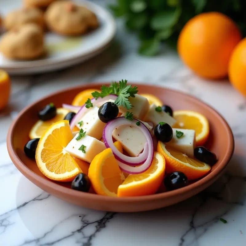 Ensalada valenciana fresca con gajos de naranja jugosa, trozos de bacalao desalado, cebolla morada en juliana y aceitunas negras, aliñada con aceite de oliva y perejil. Servida en plato de barro rústico sobre fondo blanco.