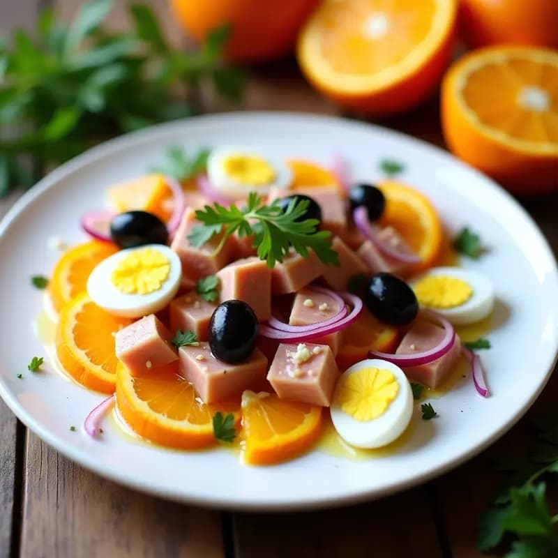 Ensalada murciana fresca en plato blanco: rodajas de naranja, trozos de ventresca de atún, aceitunas negras, huevo duro y cebolla morada, decorada con perejil y aliñada con aceite de oliva.