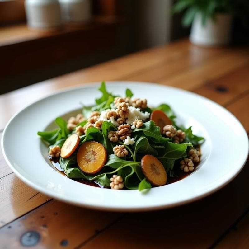 Ensalada fresca de níscalos laminados y hojas de rúcula en un plato blanco, con nueces troceadas, queso rallado y vinagreta de trufa negra brillante. Receta de temporada otoñal.