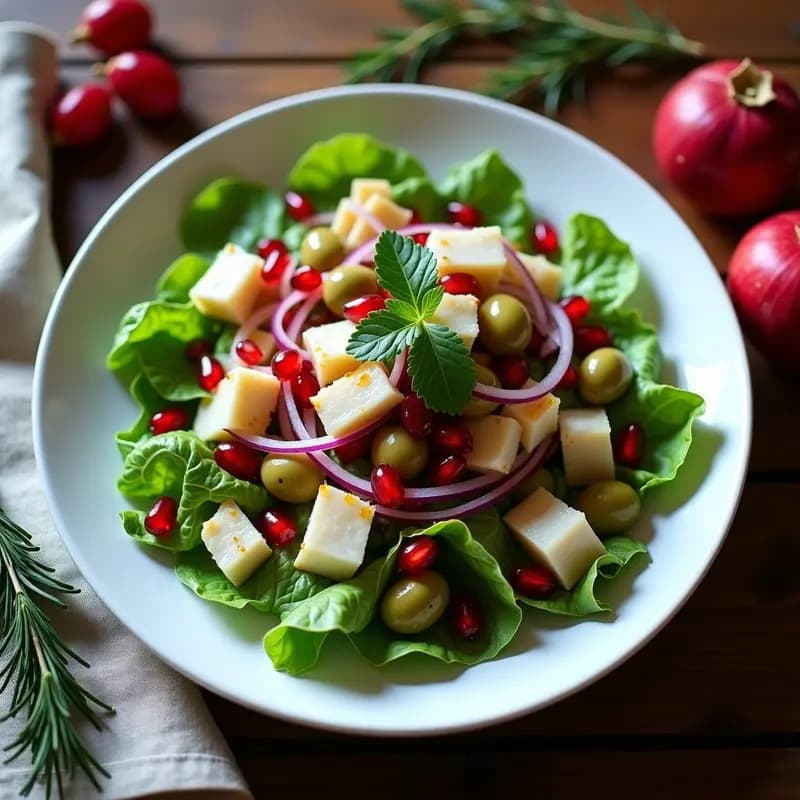 Fuente de cerámica blanca con ensalada de Nochebuena: escarola verde crujiente, bacalao desmenuzado, granos de granada rojos brillantes, aceitunas verdes y cebolla morada en juliana. Decorada con perejil fresco y bañada en vinagreta dorada.