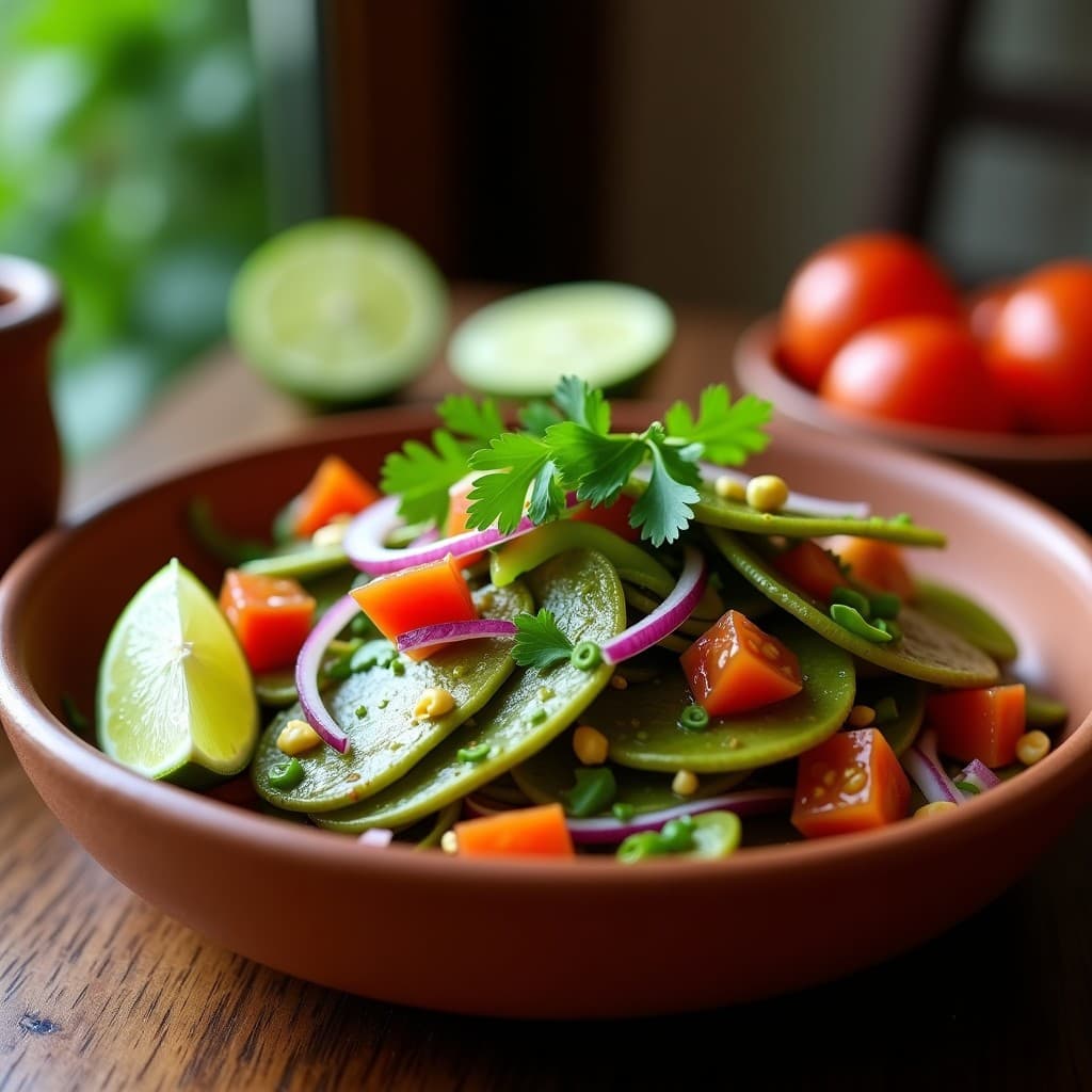 Ensalada fresca de nopales asados en airfryer con cebolla morada, tomate y pimiento verde, bañada en aderezo de limón verde y mezcal. Plato colorido y vibrante con toques cítricos y ahumados, servido en un bol de barro rústico sobre una mesa de madera.