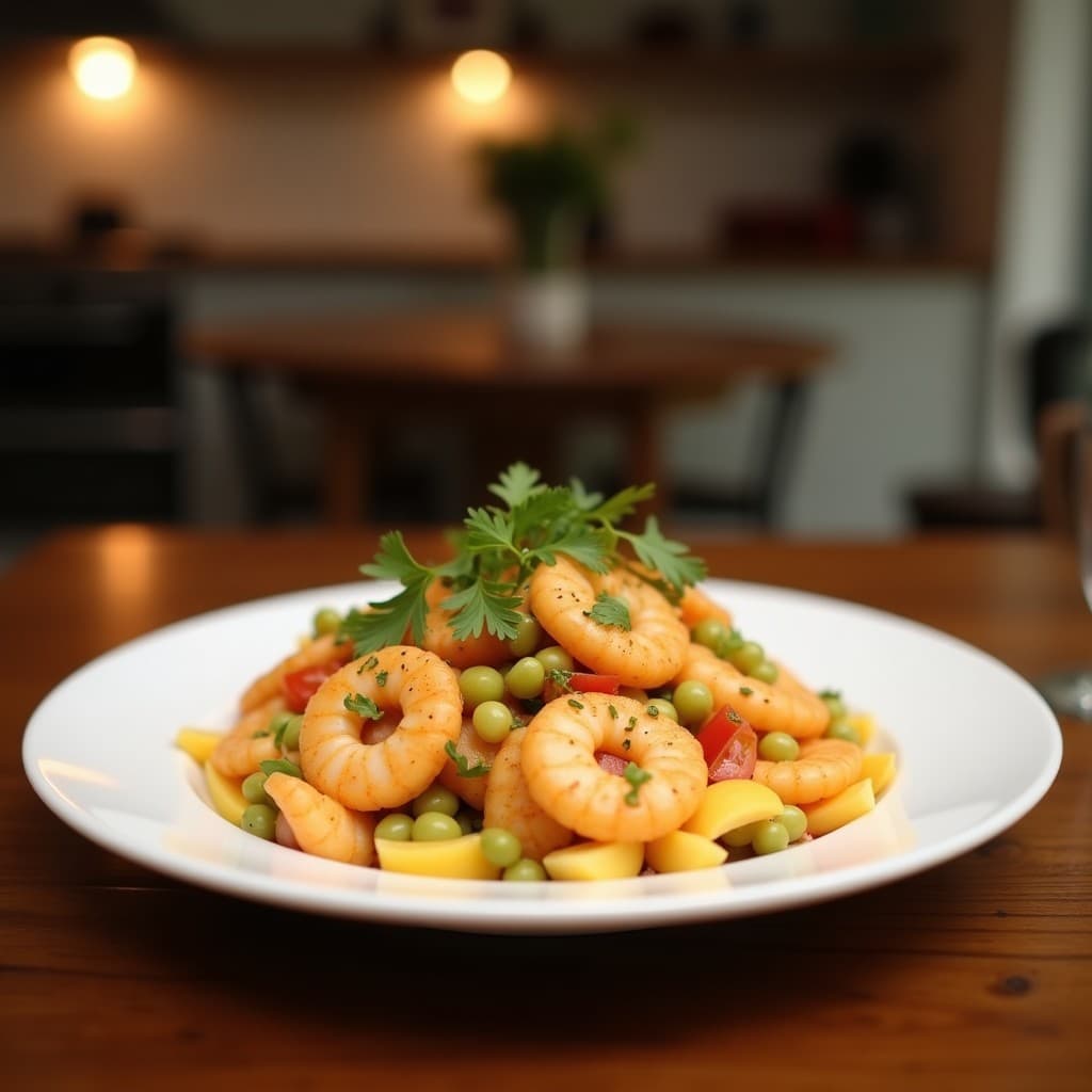 Ensalada fresca de palma de corozo en juliana, camarones secos desmenuzados, aguacate en cubos y pimiento rojo, bañada con vinagreta de maracuyá amarilla. Decorada con maní molido y cilantro, servida en un bol de barro rústico sobre una mesa de madera con fondo de palmeras difuminadas.
