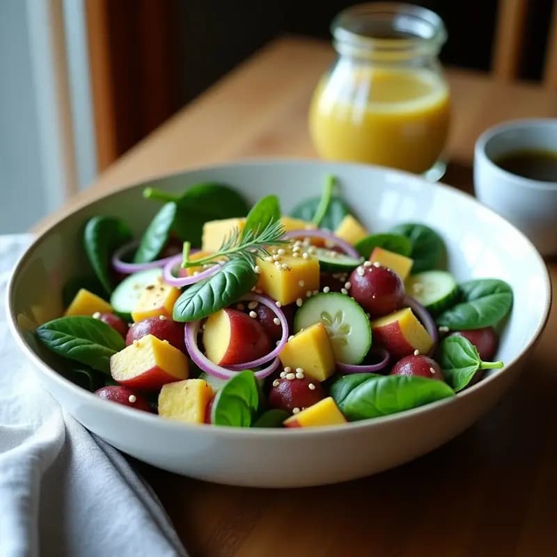 Ensalada alemana vegana en bol de cerámica blanca: papas rojas en cubos, espinacas baby frescas, cebolla morada en juliana y pepino en rodajas, bañada en aderezo de mostaza de Dijon. Decorada con semillas de sésamo tostado y eneldo fresco picado.