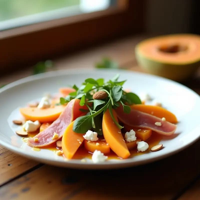Ensalada fresca de papaya madura en cubos dorados, láminas de jamón serrano, rúcula, almendras tostadas y queso de cabra desmenuzado, aliñada con vinagreta de miel y vinagre de Módena, servida en plato blanco con hojas de menta.