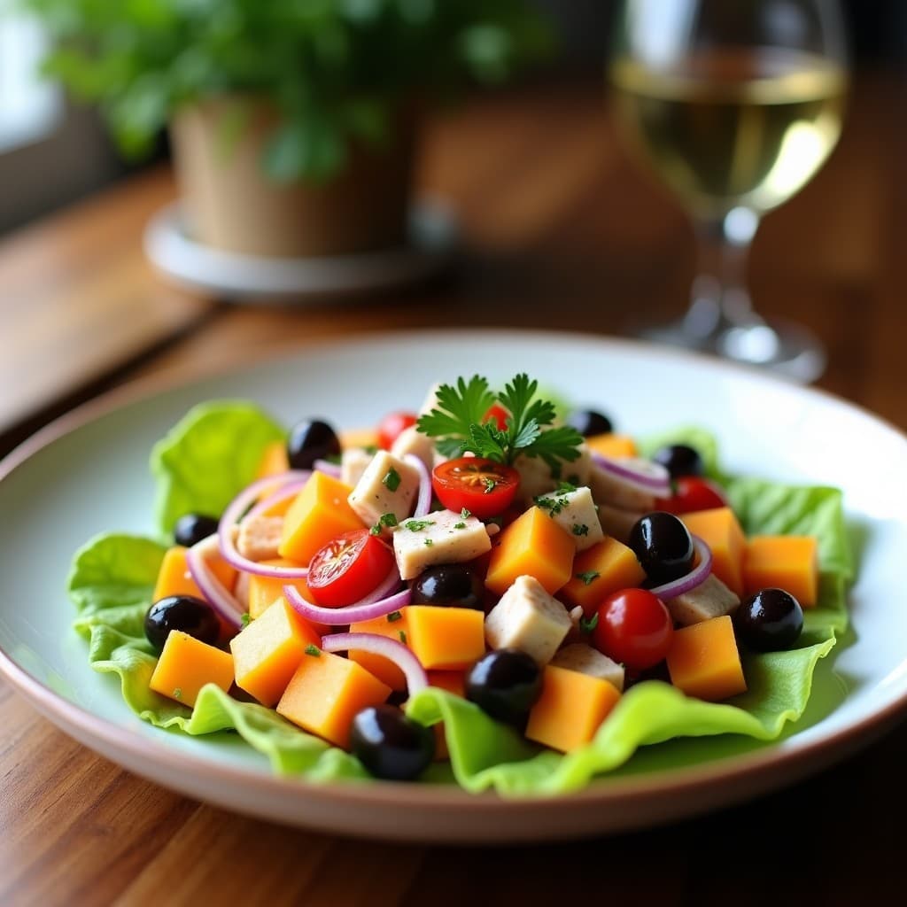 Ensalada fresca de papaya madura en cubos dorados y ventresca de atún desmenuzada sobre base de lechuga romana, cebolla morada, tomates cherry y aceitunas negras, bañada con vinagreta brillante de miel de dátil. Plato colorido y apetecible con toques verdes del perejil.