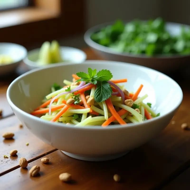 Ensalada vietnamita vegana de papaya verde en juliana, zanahoria, pepino y cebolla morada, decorada con cacahuates tostados, cilantro y menta fresca, con vinagreta de tamarindo y jengibre. Plato colorido y refrescante en un bol de cerámica blanca sobre fondo rústico.