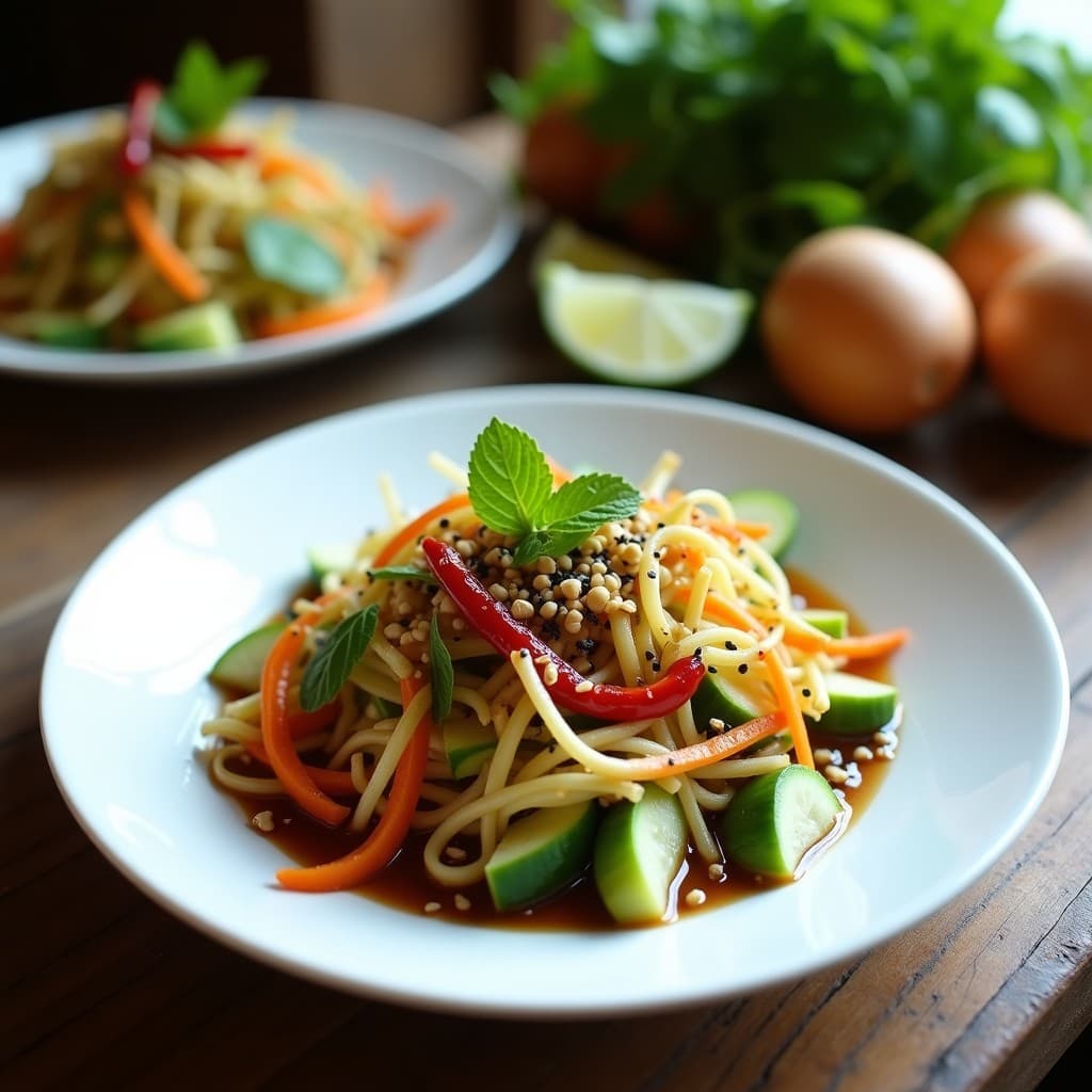 Ensalada vietnamita crudivegana de papaya verde en juliana, zanahoria, cacahuetes tostados y hierbas frescas, con aderezo de lima y chile, servida en un bol de cerámica blanca sobre fondo de madera oscura.