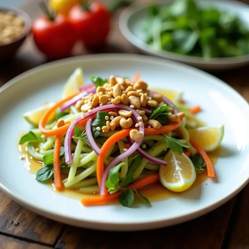 Ensalada tailandesa de papaya verde en juliana fina, zanahoria morada, cebolla morada y hojas de mentira, bañada en vinagreta de limón y miel, decorada con cacahuetes tostados y semillas de sésamo sobre un plato de cerámica blanca.