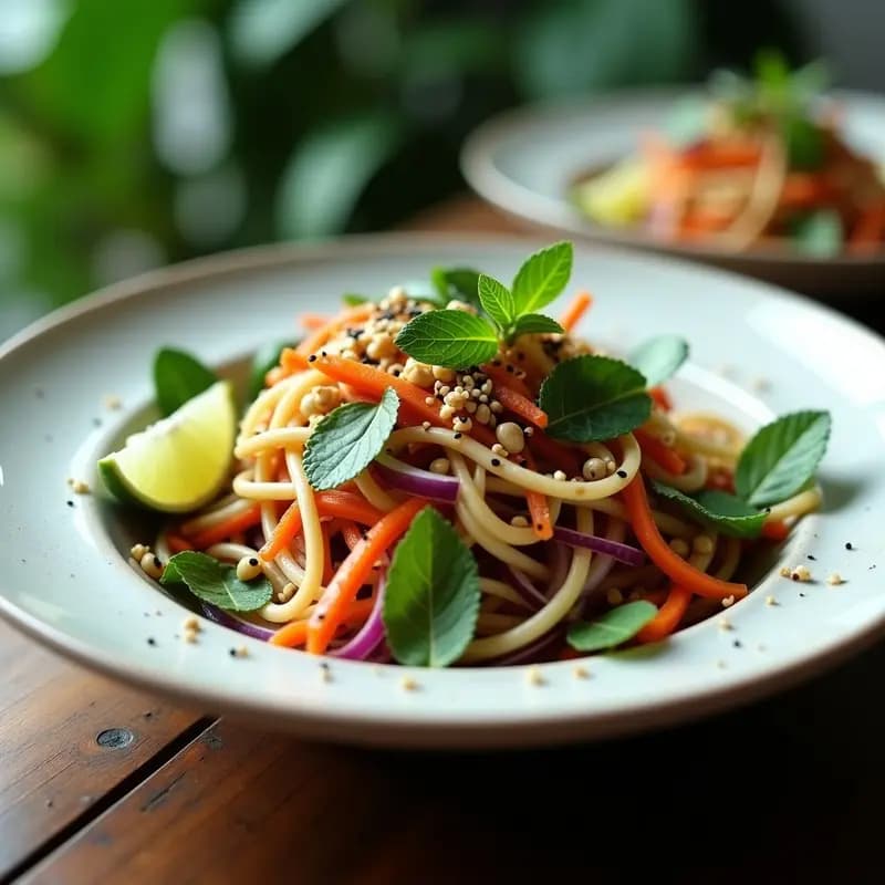 Ensalada tailandesa vegana y detox de papaya verde rallada en juliana gruesa, mezclada con cacahuetes tostados especiados, semillas de sésamo negro y cilantro fresco, servida en un bol de cerámica blanca sobre fondo de madera oscura con rodajas de limón kaffir y chile rojo al lado.