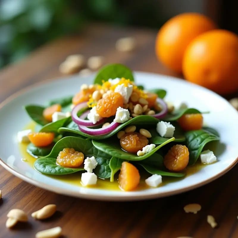 Ensalada fresca de canónigos y rúcula con pasas de Corinto, piñones tostados y gajos de naranja sanguina, servida en un plato blanco con vinagreta de naranja brillante, decorada con hinojo fresco y almendras fileteadas.