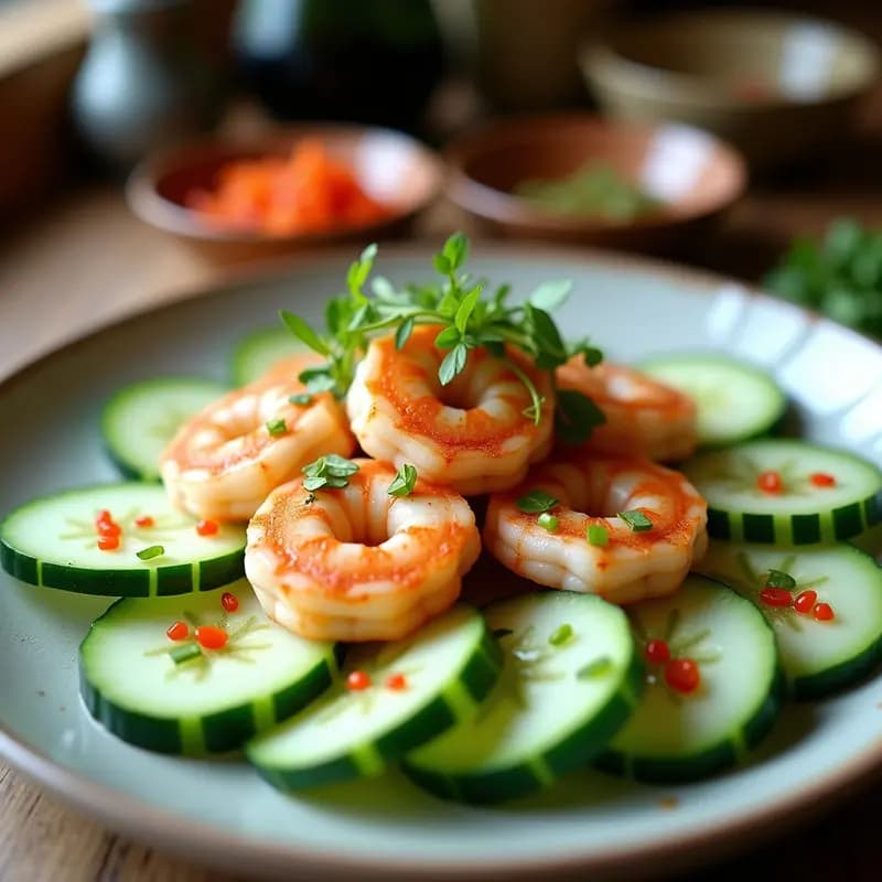 Ensalada japonesa refrescante de pepino en rodajas finas, cubos de melón amarillo y langostinos cocidos, servida en un bol blanco con vinagreta de wasabi y decorada con semillas de sésamo tostado y cebollino picado.