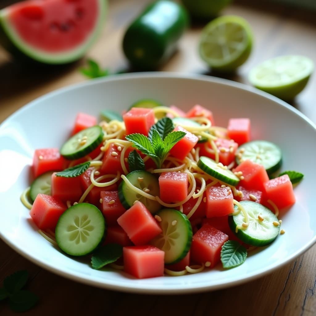 Ensalada iraní refrescante de pepino y sandía en un bol blanco, con cubos de sandía roja, rodajas de pepino verde, cebolla morada en juliana y hierbabuena fresca, bañada en una vinagreta de limón y decorada con semillas de sésamo tostadas.