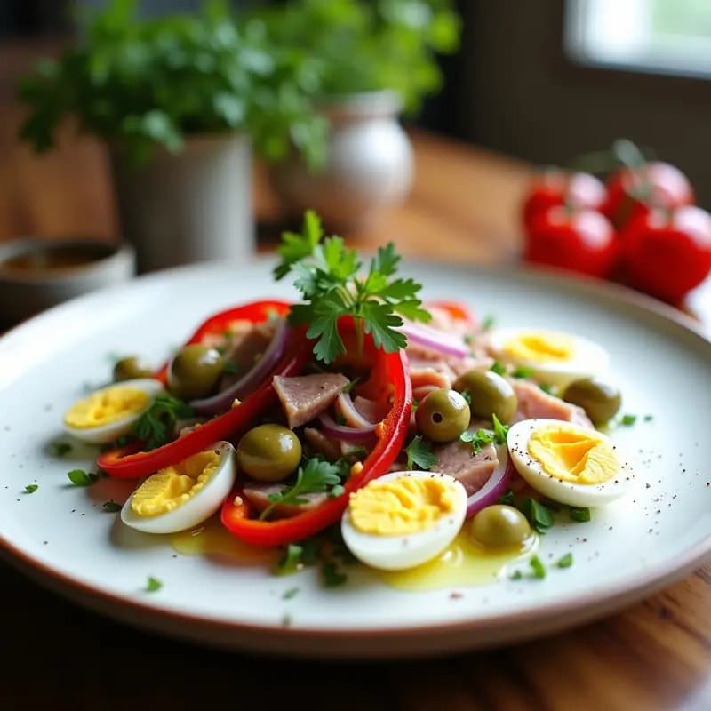 Ensalada vasca fresca con pimientos asados rojos y verdes en tiras, trozos de atún en aceite de oliva, huevos duros en cuartos, aceitunas verdes y cebolla morada, decorada con perejil fresco sobre un plato blanco rústico.