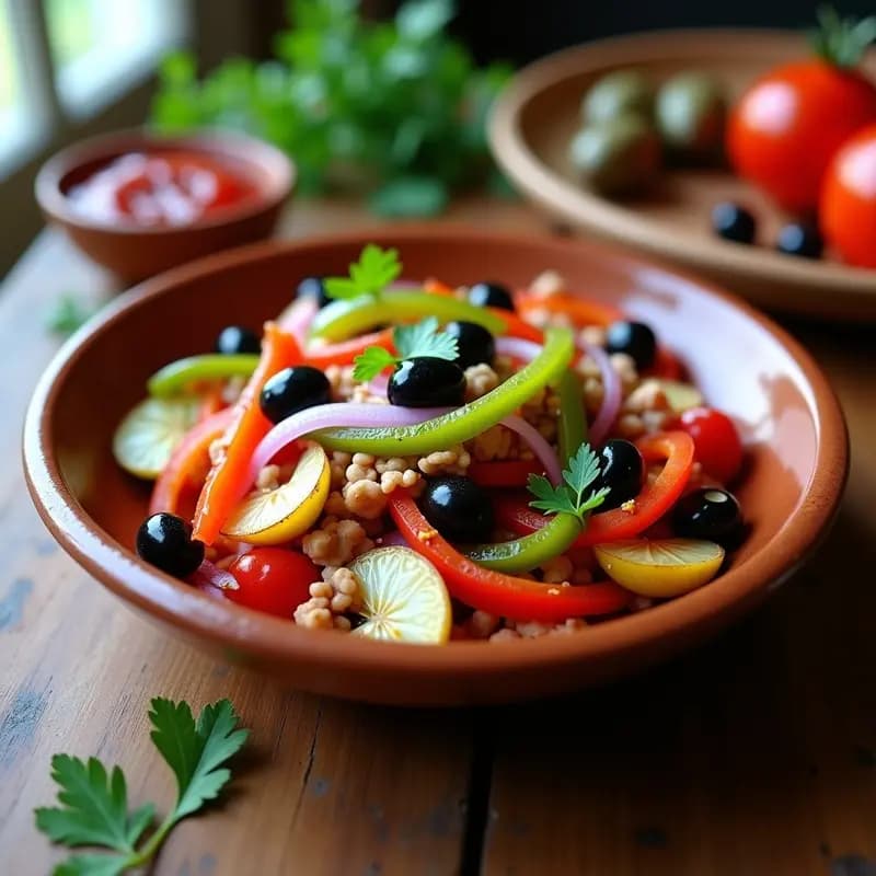 Ensalada andaluza fresca de pimientos asados rojos y verdes en tiras, bacalao desmenuzado, aceitunas negras, cebolla morada y tomate, aliñada con aceite de oliva y perejil fresco, servida en un bol de barro rústico sobre una mesa de madera.