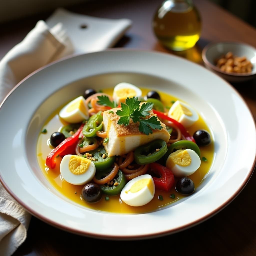 Ensalada española tradicional en plato blanco hondo: trozos de bacalao desalado, piparras en anillos, aceitunas verdes, cebolla morada en juliana, pimiento rojo asado y huevo duro en cuartos, bañados en vinagreta dorada de azafrán y decorados con perejil fresco.