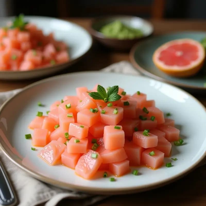 Ensalada tailandesa gourmet con segmentos de pomelo rosa, trozos de cangrejo desmenuzado, pimiento rojo en juliana y hojas de lechuga butter, decorada con menta, cilantro y semillas de sésamo, bañada en una vinagreta cremosa de wasabi. Plato fresco, colorido y bajo en calorías.