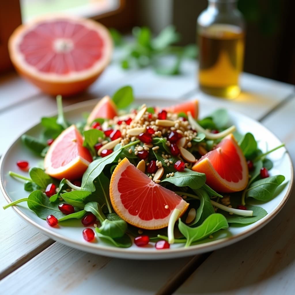 Ensalada fresca de pomelo rosa y rúcula baby con granos de granada brillantes, hinojo en juliana, almendras fileteadas y semillas de sésamo. Bañada en vinagreta de granada y aceite de zaatar, servida en un plato blanco rústico sobre fondo de madera clara.