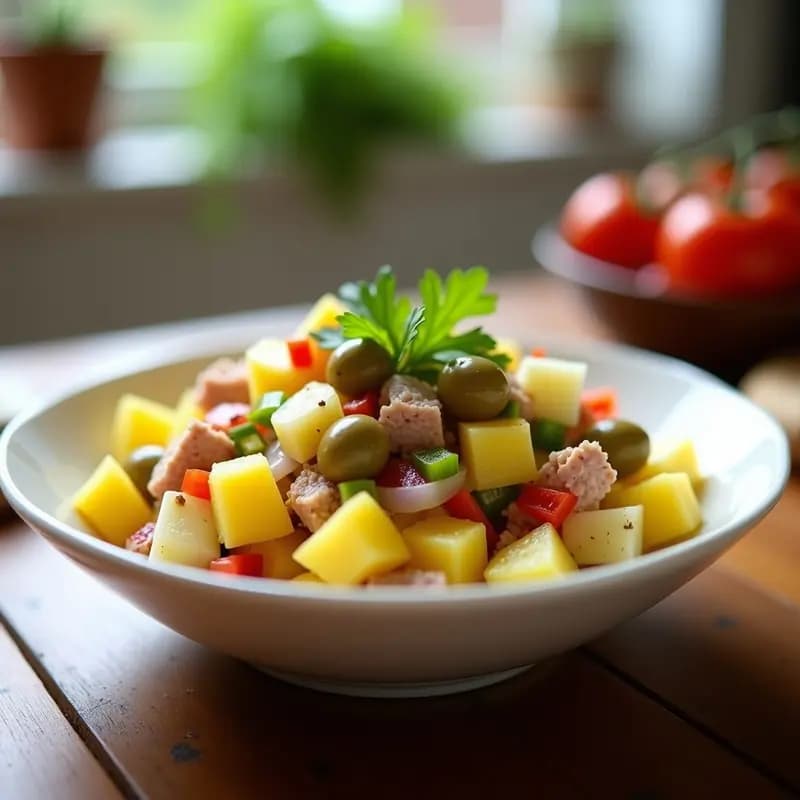 Ensalada de potatas con atún y huevos en un bol de cerámica blanca, con cubos de patata amarilla, trozos de atún, cuartos de huevo duro, cebolla morada y pimiento verde. Aliñada con aceite de oliva y decorada con perejil fresco. Plato fresco y colorido, ideal para tupper.