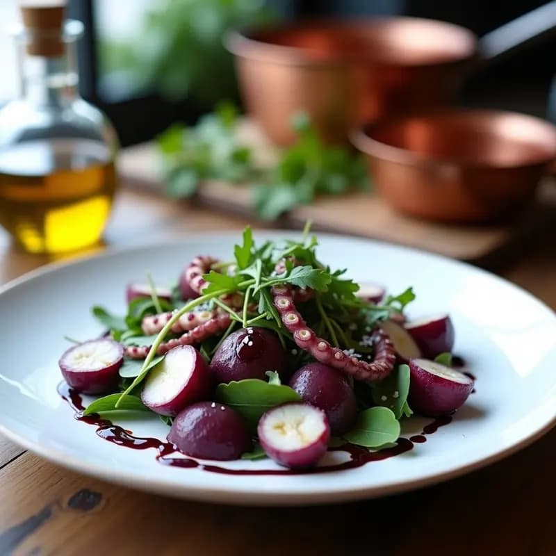Ensalada gourmet gallega con rodajas tiernas de pulpo, cubos dorados de patatas moradas, cebolla morada en juliana y rúcula sobre un plato blanco. Alioli de ajo negro cremoso en zigzag y perejil fresco espolvoreado. Fondo rústico con luz natural.