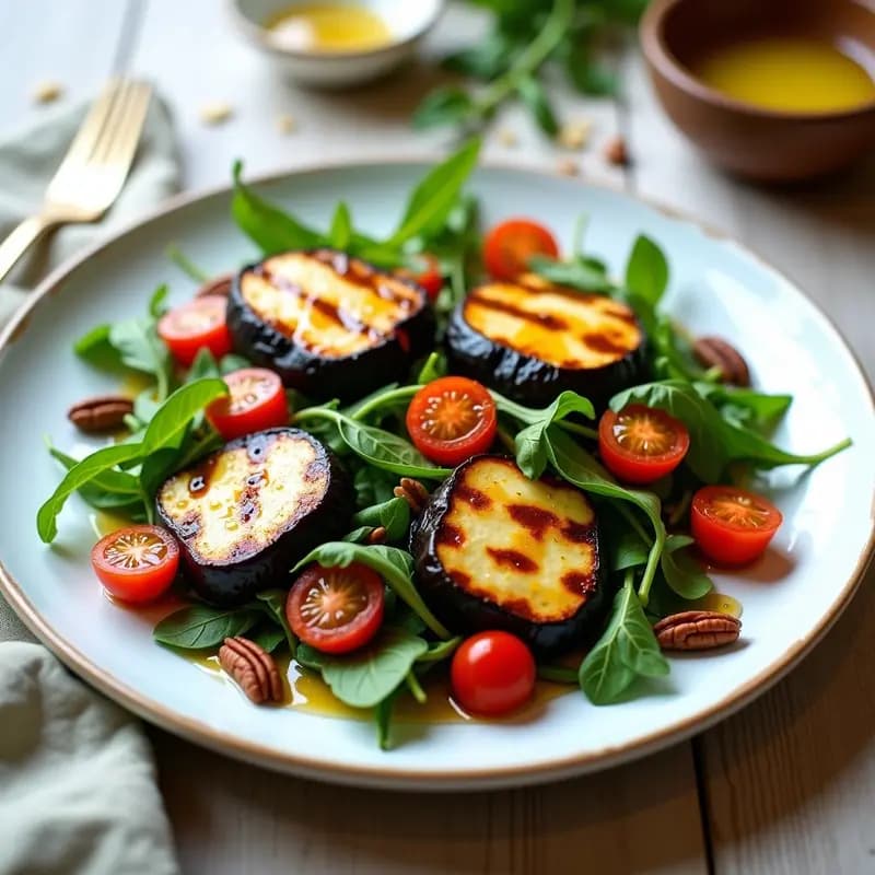 Ensalada de Queso Halloumi a la Parrilla con Berenjena y Miel: Receta Mediterránea en 20 Minutos