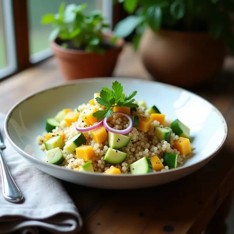 Ensalada colorida en bol blanco con quinoa, trozos de aguacate, pepino, cebolla morada y pulpa de maracuyá, bañada con vinagreta brillante de miel y mostaza, decorada con semillas de sésamo y cilantro fresco. Receta peruana refrescante.