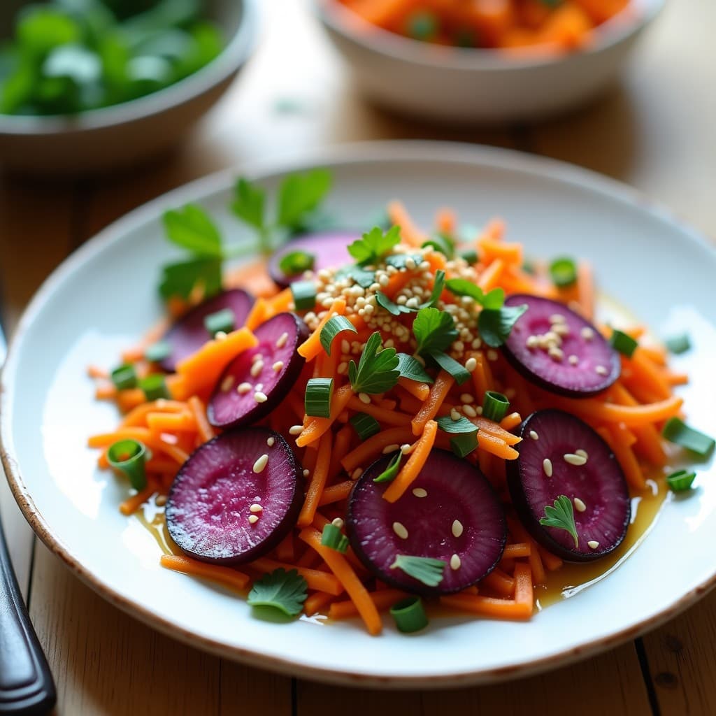Ensalada crudivegana depurativa de rábanos negros en rodajas finas y zanahorias morada y naranja ralladas, con vinagreta de mostaza de Dijon, decorada con semillas de sésamo tostadas y perejil fresco sobre un plato blanco rústico.