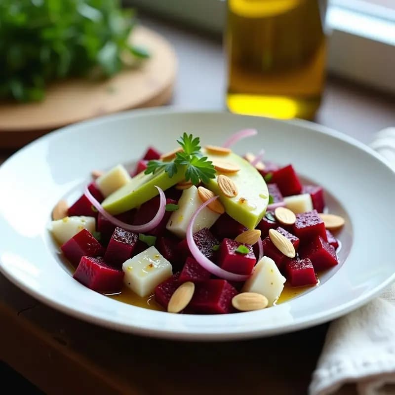Ensalada fresca de remolacha en cubos, bacalao desmenuzado, cebolla morada, manzana verde y almendras fileteadas, bañada con vinagreta de miel y decorada con perejil, servida en un plato blanco de loza.