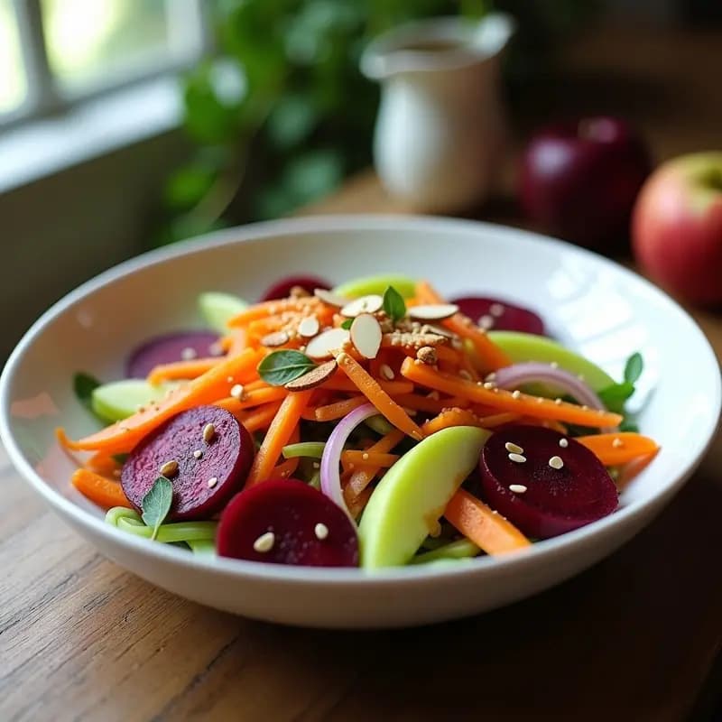 Ensalada colorida de remolacha cruda en juliana fina con zanahoria, apio, manzana verde y cebolla morada, espolvoreada con semillas de sésamo y almendras tostadas, servida en un bol blanco con aliño dorado.