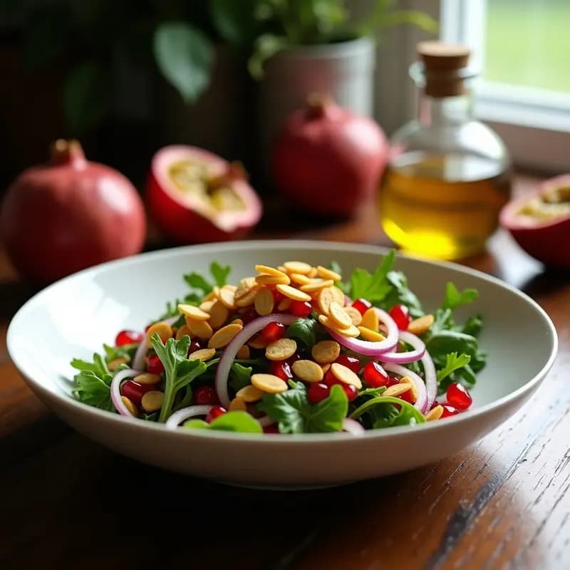 Ensalada fresca de rúcula y granos de granada rojos sobre un bol blanco, con vinagreta amarilla de granadilla y almendras fileteadas tostadas. Receta crudivegana de Oriente Medio.