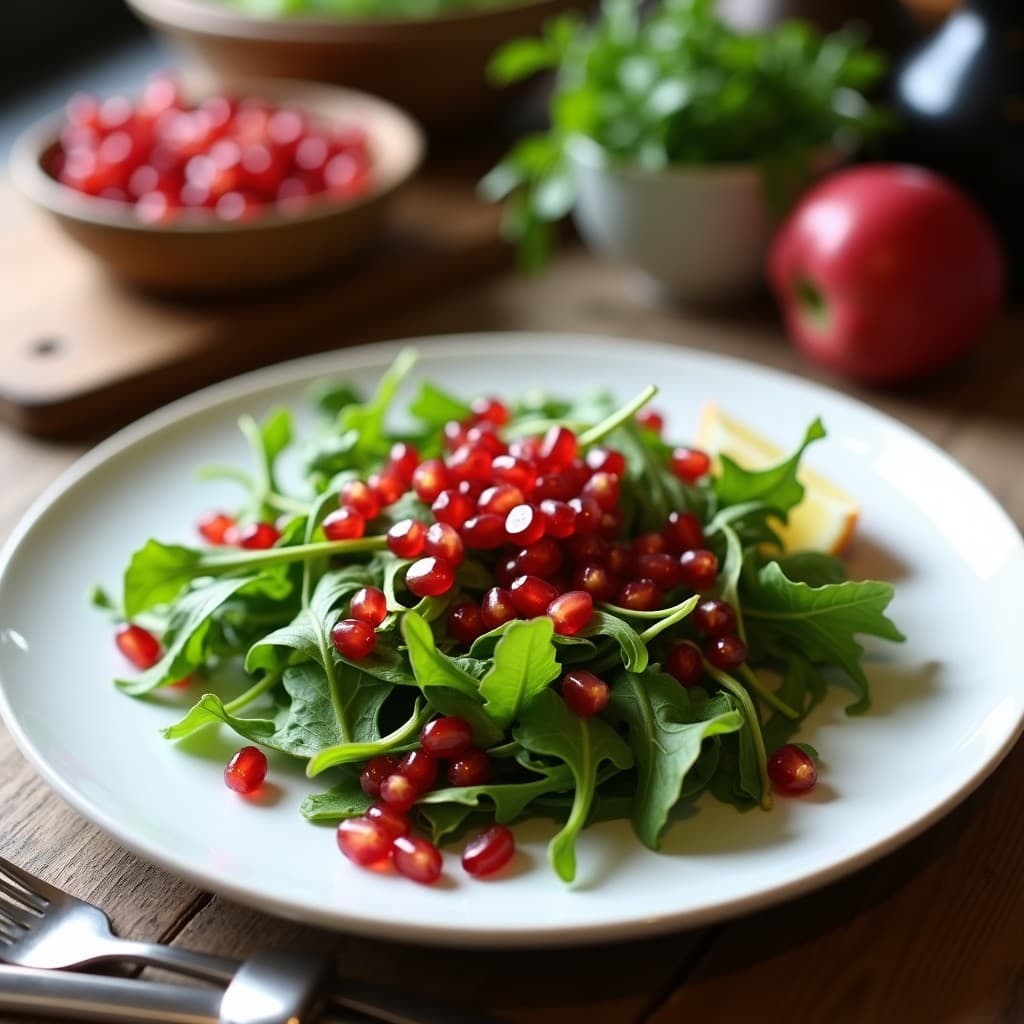 Ensalada sudanesa fresca en bol de cerámica blanca: rúcula verde intenso, granos de granada rojos brillantes, cebolla morada en juliana y hojas de menta, bañada con vinagreta dorada de granadilla. Almendras tostadas espolvoreadas por encima. Fondo borroso con texturas rústicas.
