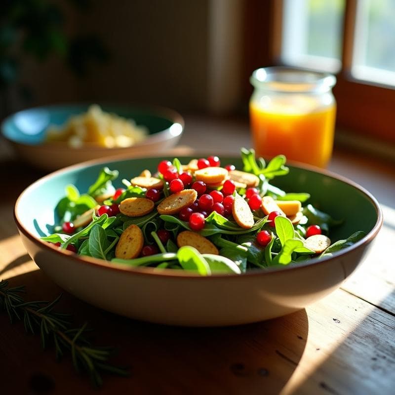 Ensalada fresca de rúcula con granos rojos de granada, almendras fileteadas doradas y vinagreta de romero, servida en un plato blanco sobre fondo de madera rústica.