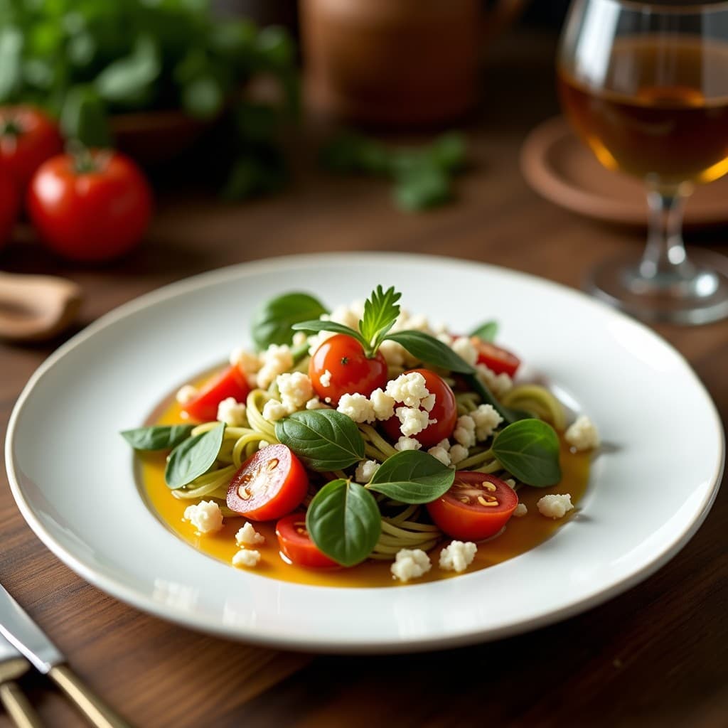 Ensalada persa fresca y crujiente de rúcula verde intenso y granos de granada rojo rubí, con trocitos de cebolla morada, pistachos tostados y un aderezo brillante de vinagre de granado. Servida en un plato blanco sobre fondo de madera rústica.