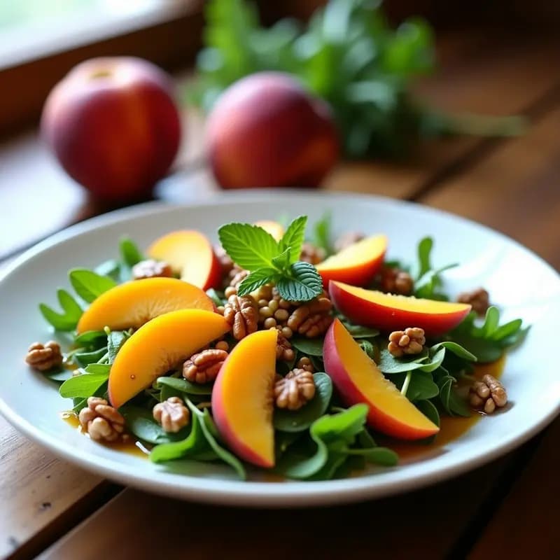 Ensalada fresca de rúcula y melocotón con vinagreta de vinagre de sidra y nueces, servida en un plato blanco sobre fondo rústico de madera. Los gajos de melocotón dorados contrastan con el verde intenso de la rúcula, las nueces trostadas y las hojas de menta como decoración.
