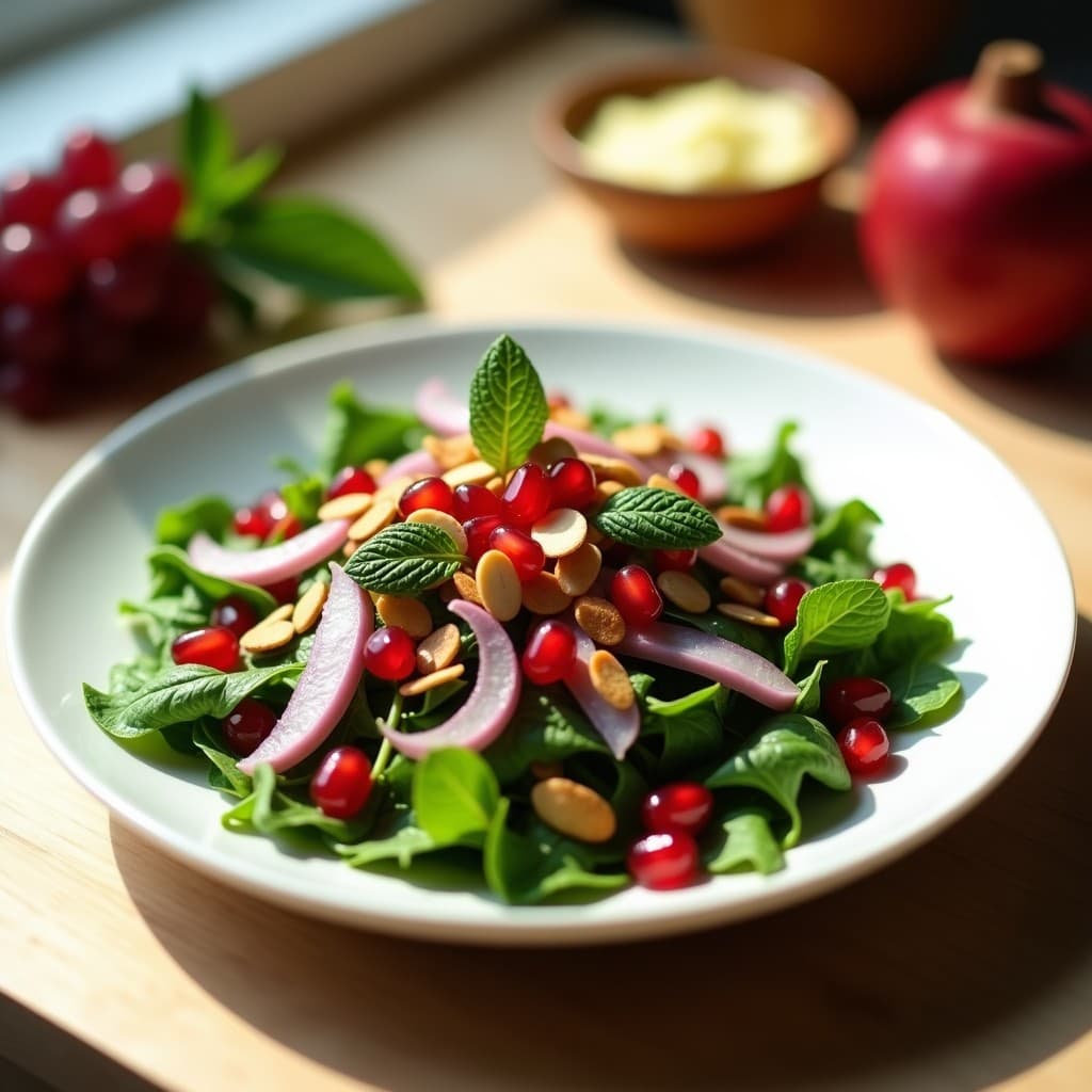 Ensalada fresca de rúcula con granos de granada rojos brillantes, cebolla morada en juliana, almendras tostadas y vinagreta dorada de zumo de uva, servida en un plato blanco sobre fondo de madera clara. Receta Curaçao fresca y colorida.