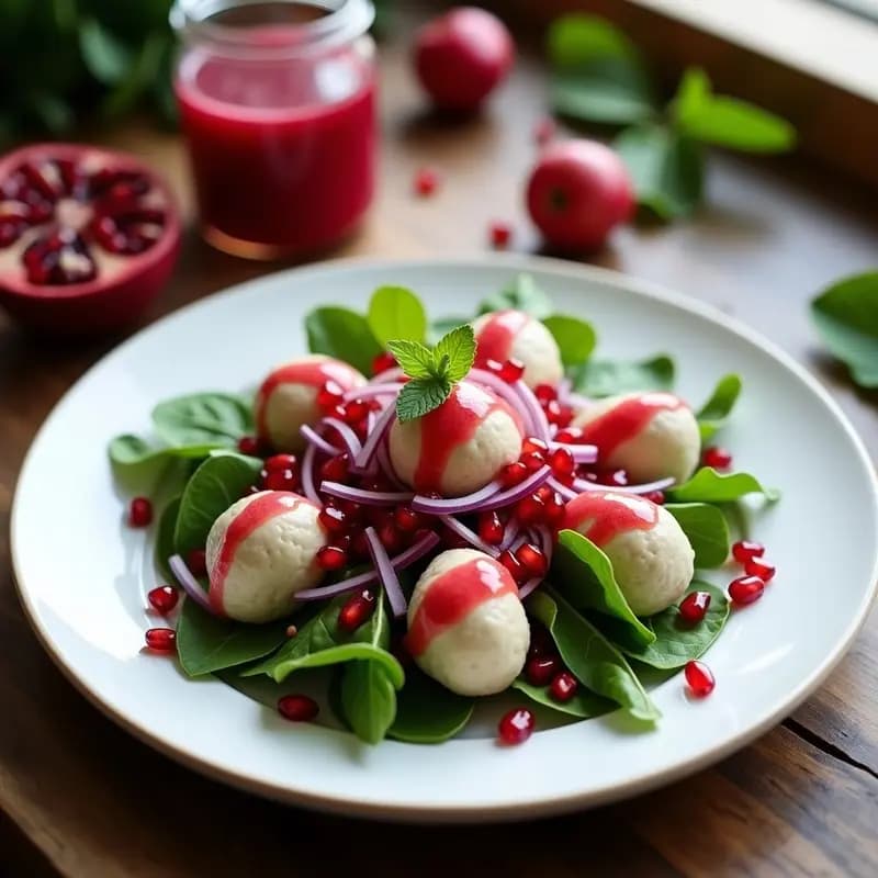 Ensalada fresca de rúcula con higillos de anacardos cremosos, semillas de granada rojas y cebolla morada picada, bañada en un aderezo brillante de vinagre de frambuesa. Plato blanco sobre fondo rústico de madera.