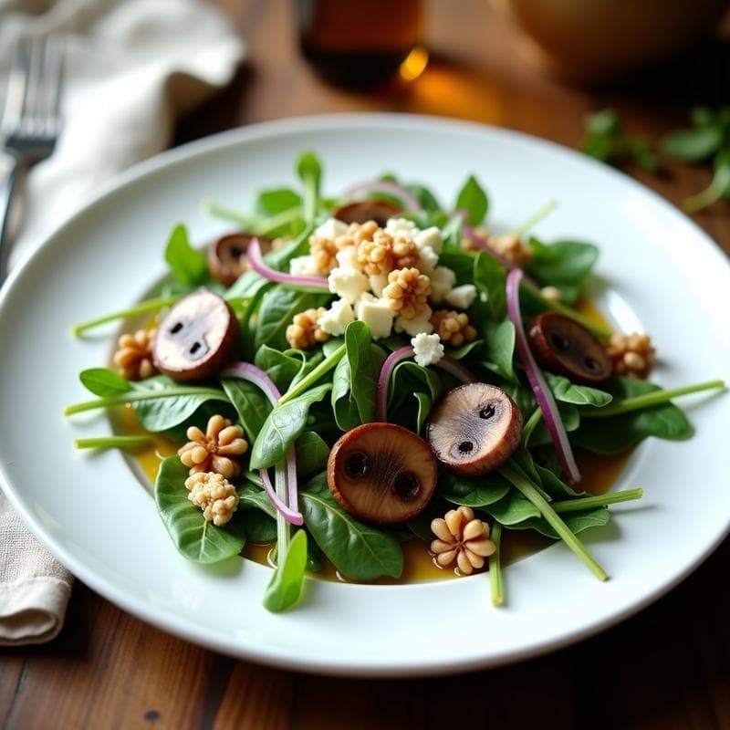 Ensalada fresca de rúcula verde intensa con láminas de higuitos, cebolla morada en juliana, nueces troceadas y queso curado rallado, servida en un plato blanco con vinagreta de mosto brillante. Receta española keto y antioxidante.