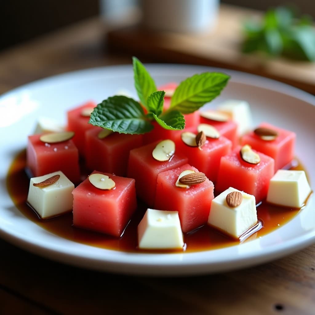 Ensalada griega fresca de cubos de watermelon rojo vibrante, queso de cabra desmenuzado blanco, cebolla morada en juliana, almendras tostadas y hojas de menta, bañada con una reducción brillante de vinagre balsámico y miel, servida en un plato de cerámica blanca sobre una mesa rústica de madera.