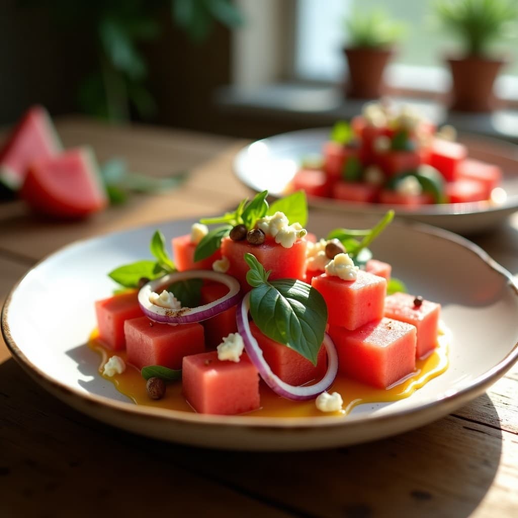 Ensalada fresca de cubos de watermelon rojo vibrante con trozos de queso feta blanco desmenuzado, cebolla morada en juliana, rúcula verde y almendras tostadas, bañada con vinagreta dorada de pimienta rosa. Plato sobre fondo rústico de madera con luz natural.