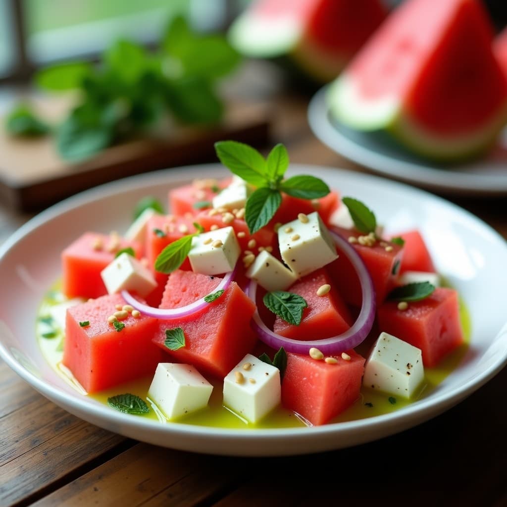 Ensalada fresca de sandía watermelon en cubos, queso feta desmenuzado y cebolla morada, bañada con vinagreta de menta verde brillante, decorada con semillas de sésamo y hojas de menta. Plato blanco sobre fondo de madera rústica con luz natural.