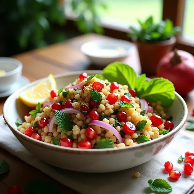 Ensalada libanesa tabbouleh con bulgur integral, semillas de granado rojas vibrantes, menta fresca picada, pistachos tostados y tomates cherry en un plato blanco rústico, decorada con hojas de perejil.