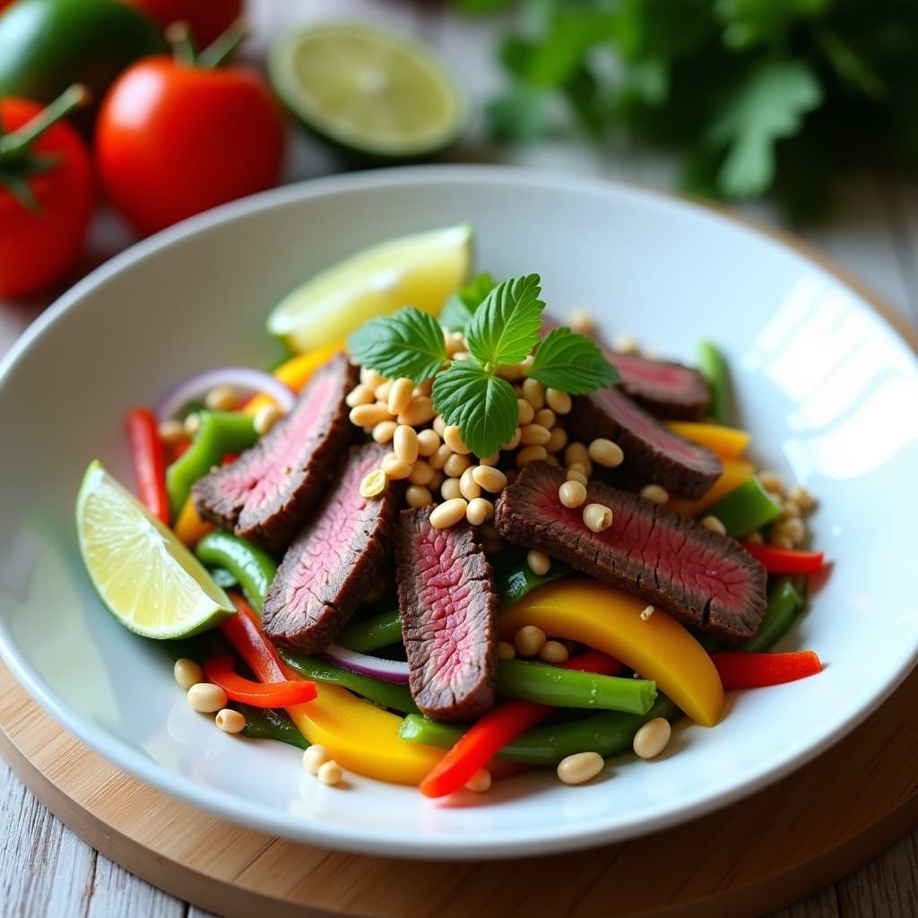 Ensalada tailandesa colorida con tiras de picanha jugosa, mango verde en juliana, cebolla morada, pimiento rojo y cacahuetes tostados, servida en un bol de cerámica blanca con hierbas frescas.